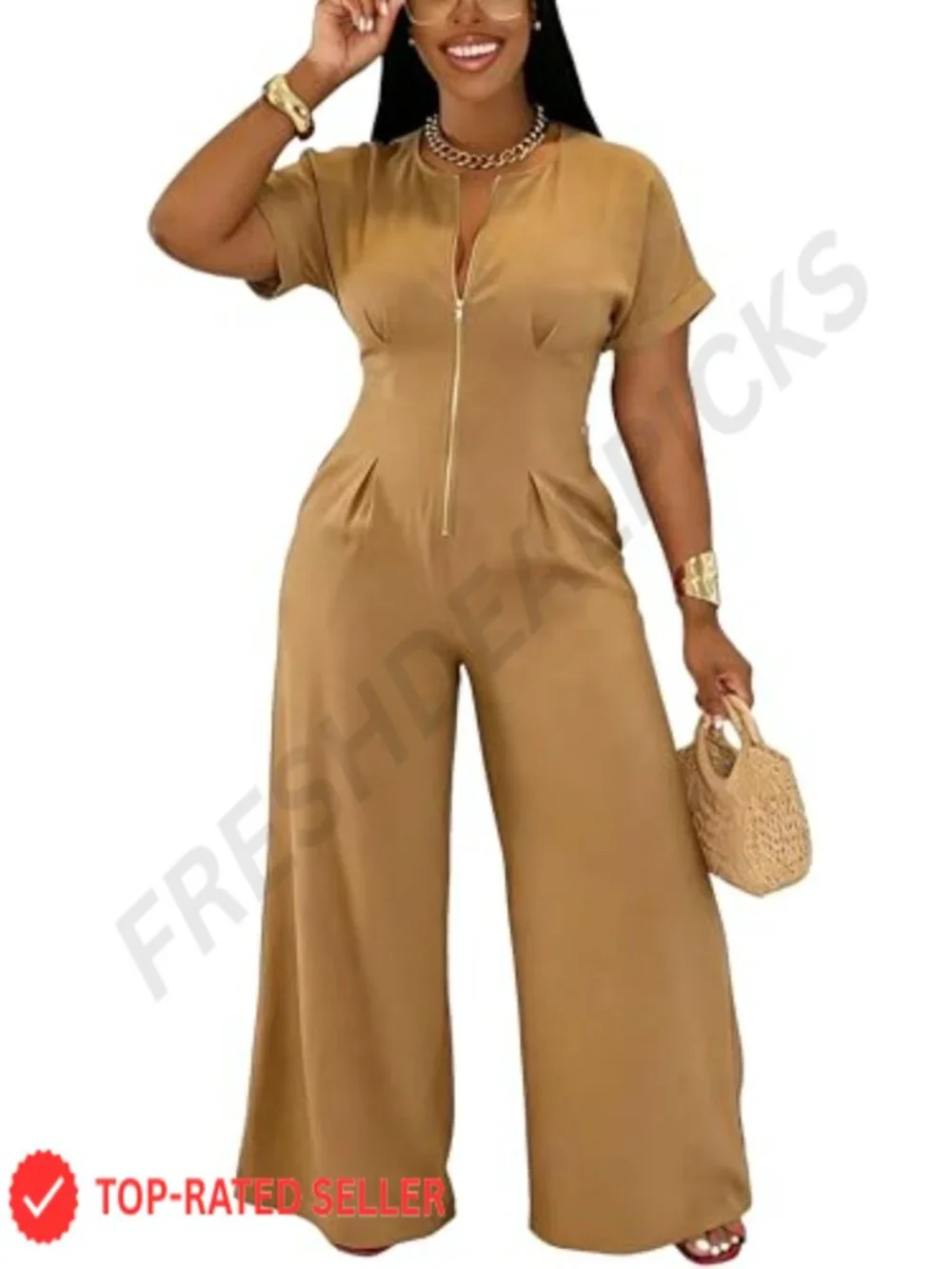 Wide Leg Jumpsuit Zip Up V Neck Short Sleeve Romper